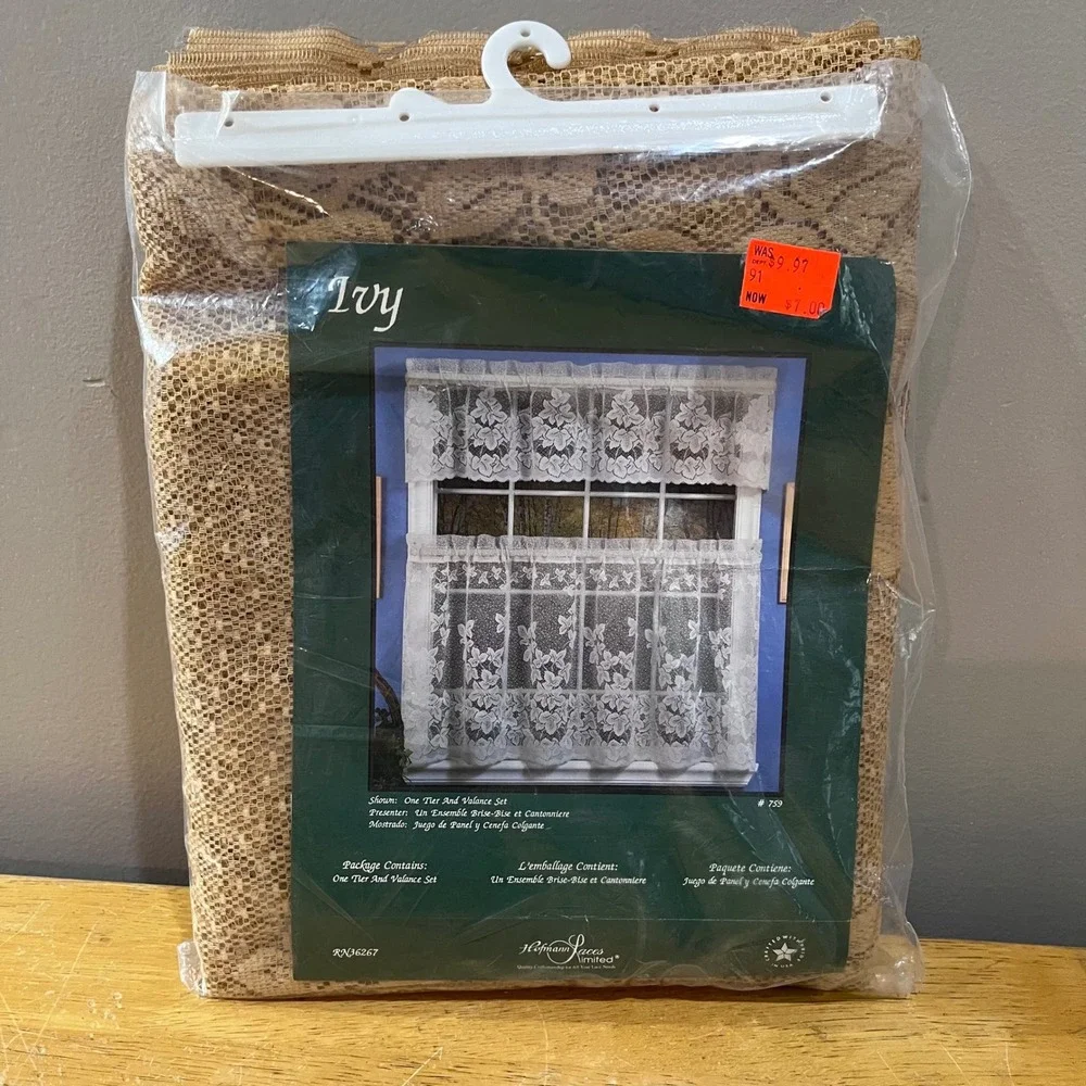 Vtg Hofmann Laces Ivy Tan Lace Tier and Valance Set #759 Cottagecore Made in USA
